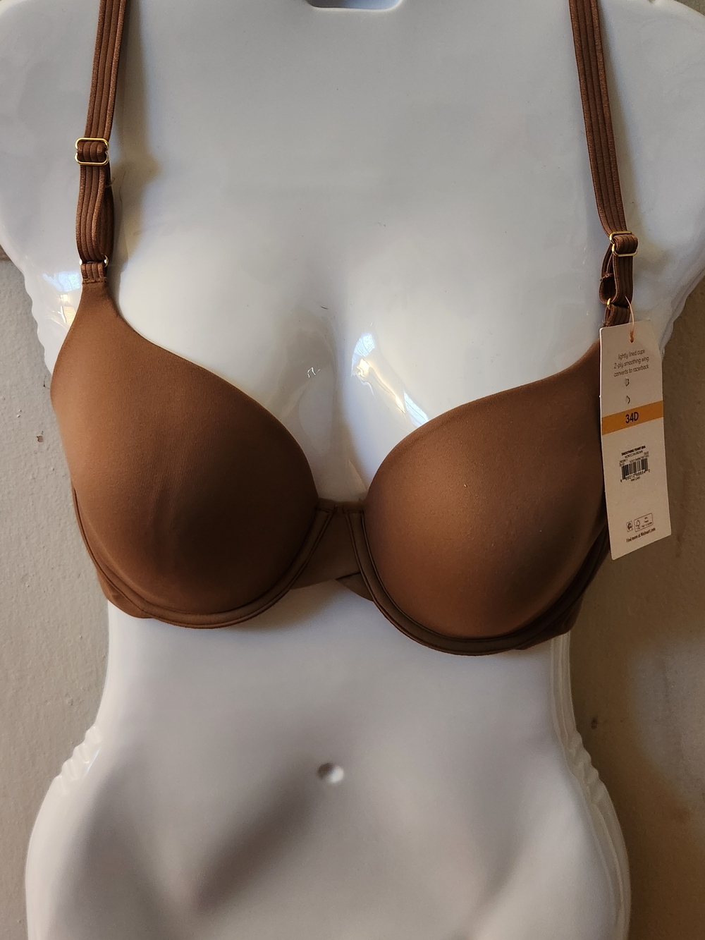 Brown Full Coverage T-Shirt Bra Flex Cup Convertible Back 2-Way Clasp 34D